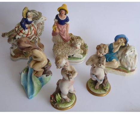 Six porcelain figures: two 19th century Staffordshire examples, a pair of Naples porcelain musicians and two Royal Worcester 