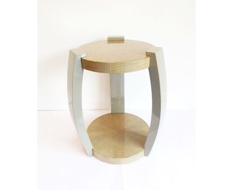 A J. Robert Scott, Inc. 'Harlow' tea table: designed by Sally Serkin Lewis, circular top and bottom shelf with sunburst patte