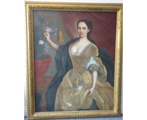 18th century French School - Portrait of 'Lucy Webb - Heiress of Ashwick'. Three-quarter length, standing in an interior and 