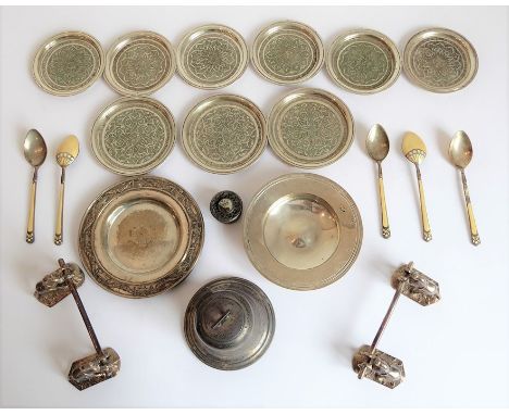 A selection of silver and silver plate: a bell-shaped hallmarked silver inkwell (minus glass liner); three Islamic silver dis