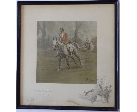 CHARLES JOHNSON PAYNE (1884-1967) - a colour fox hunting print, 'Merry England, and Worth a Guinea a Minute'. Monochrome rema