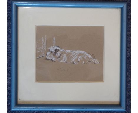 LUCY DAWSON (fl. 1936-1958), a framed and glazed pastel and pencil study of a recumbent terrier, titled lower middle in penci