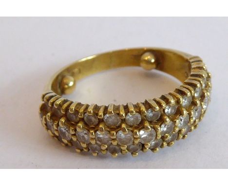 A three-row diamond-set yellow gold ring; set throughout with single-cut diamonds, hallmark partially obscured, size H (with 