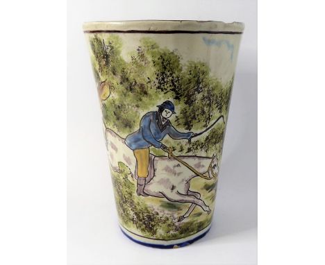 A interesting heavy glazed ceramic Continental beaker of conical form; probably stoneware, hand-decorated with a continuous h