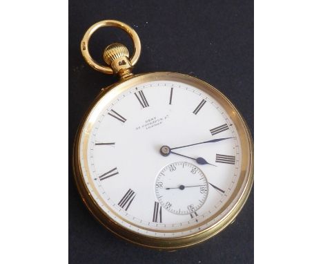 A good 18-carat yellow-gold-cased gentleman's open-faced pocket fob watch; the white enamel dial with Roman numerals and sign