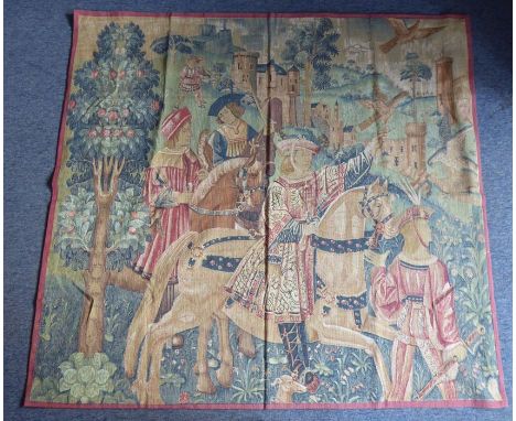 A modern lined wall-hanging tapestry 'Depart pour la Chasse'; a copy of an original French 16th century tapestry woven in the