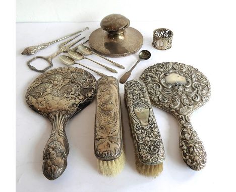 Various silver and silver plate: two handheld hallmarked silver dressing table mirrors, a matching clothes brush to one of th