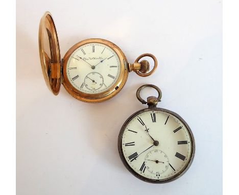 Two pocket watches: an early 20th century gold-plate-cased full hunter, white enamel dial with Roman numerals and signed 'Elg