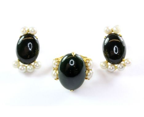 A Chinese yellow metal (tested high carat gold) black jade and pearl set ring and matching pair of screw back fitted earrings