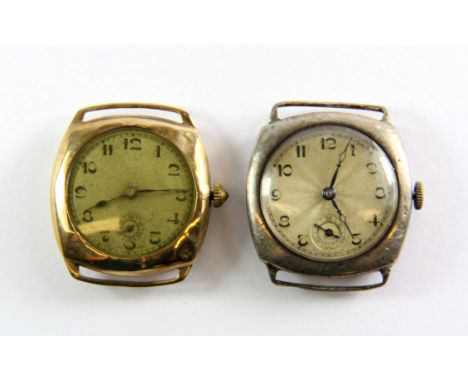 A gent's vintage 9ct gold cushion shaped wristwatch, W. 3cm, together with a similar silver wristwatch.