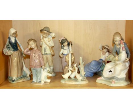 A group of six Nao and one other Spanish porcelain figurines, tallest 24cm.