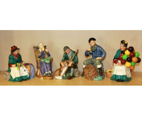 Five Royal Doulton figurines 'Silks and Ribbons', 'A Stitch In Time', 'The Master', 'The Lobster Man' and 'The Old Balloon Se