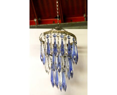 A 1920's blue and white crystal three tier light fitting, D. 25cm.