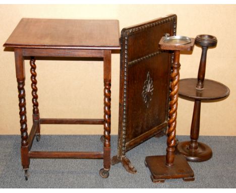 An oak barley twist side table, fire screen and two smokers stands.