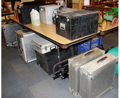 An extensive quantity of portable DJ equipment including speakers, speaker stands, carrying cases etc.