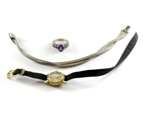 An 835 silver bracelet, a 925 silver stone set ring and a gold plated wristwatch, (J).