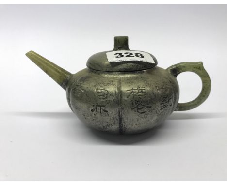 Chinese pewter overlayed terracotta teapot with jade spout and handle, L. 18cm.