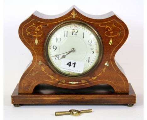 An Art Nouveau mother of pearl inlaid mahogany mantle clock, H. 16.5cm.
