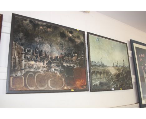 A pair of large abstract prints depicting city skylines