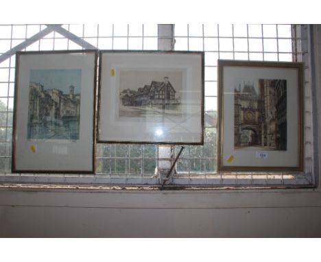 Three framed and glazed pencil signed prints depicting various buildings 