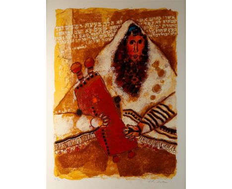 A silkscreen depicting a Rabbi holding up the Torah. Signed indistinctly (lower right), and numbered "HC 12/21".87 x 65 cm. 