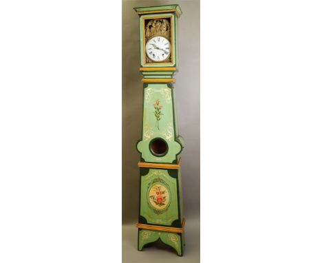 A French Comtoise clock with brass decoration in the crest. Set in a green lacquered case, decorated with floral motifs in a 