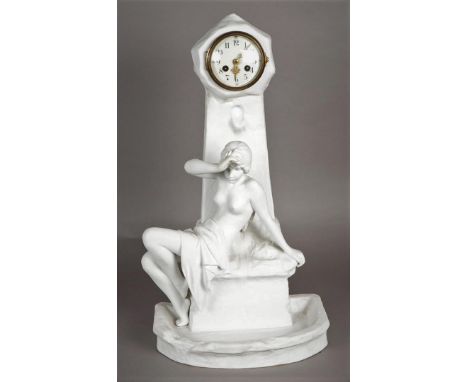A biscuit Art Nouveau mantel clock, ca. 1900. (Not tested for long-term operation).H.: 53 cm. 