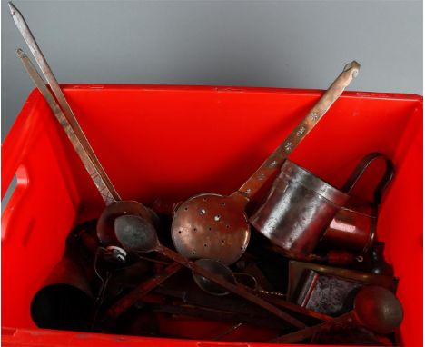 A large lot of kitchen antiques including skimmers, a slicer and a boning axe.