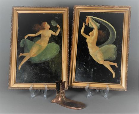 A lot consisting of two paintings inspired by Roman art, including an Art Nouveau smoking set.Schilderij: 36 x 23 cm. 