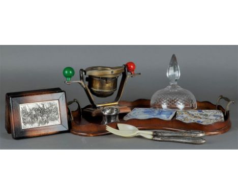 A lot of miscellaneous items including a kidney-shaped tray, earthenware tiles, a cigarette box, silver and a compass.