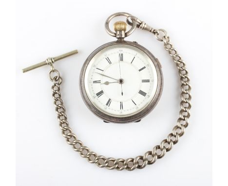A silver open face crown wind pocket watch, the white enamel dial having hourly Roman numeral markers with minute track borde