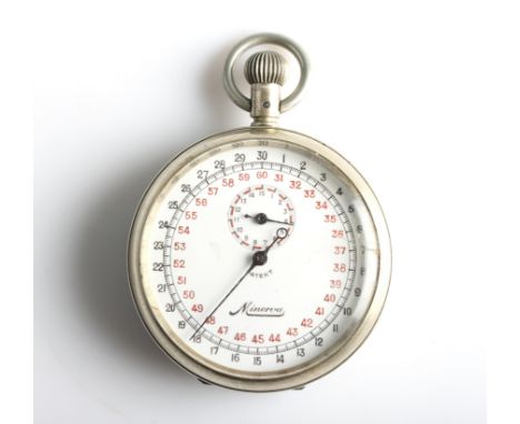 A Minerva Steel full crown military stopwatch, the white enamel dial having Arabic numerals marking the seconds and a subsidi
