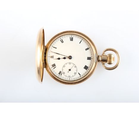 A gold plated full hunter crown wind pocket watch, the white enamel dial having hourly Roman numeral markers with minute trac