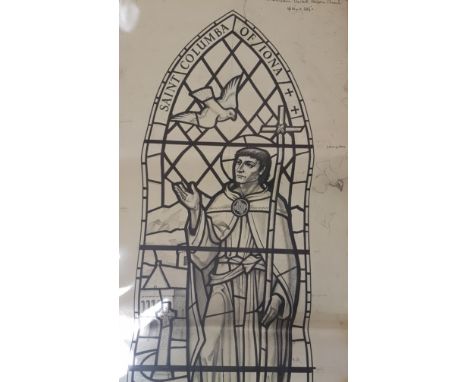 A stamped John Hardman &amp; Co. watercolour and pencil over image stained glass design depicting Saint Columbia of Iona, Wim