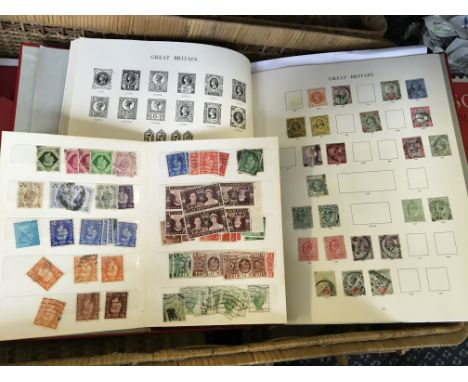 A wicker basket containing a quantity of various stamps to include GB stamp album with stamps, First Day Covers etc.