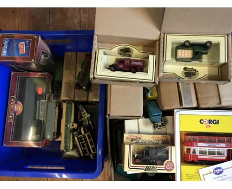 Two boxes of model cars, trams, planes etc. to include Corgi, Days Gone etc.&nbsp;