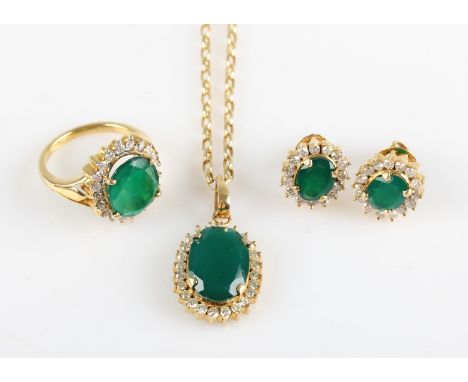 A suite of diamond and green chalcedony cluster jewellery, compromising a pendant and chain, a pair of stud earrings and a ri