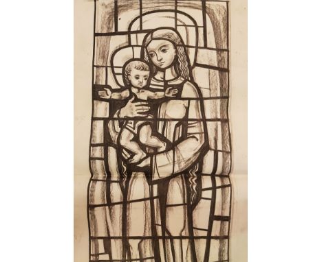A stamped John Hardman &amp; Co. charcoal and watercolour stained glass design, inscribed Felpham Church of England school. A