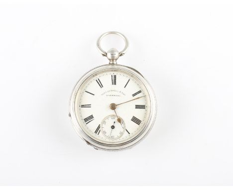 A silver Thomas Russel &amp; Son open face key wind pocket watch, the white enamel dial having hourly Roman numerals markers 