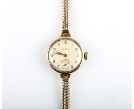A hallmarked 9ct yellow gold cased Cyma wrist watch, the silver-tone dial having hourly Arabic numeral markers with minute tr