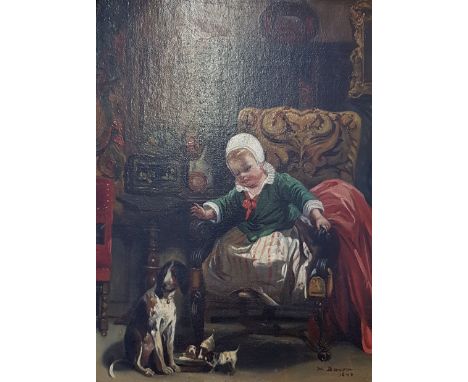 H. DAWSON. Framed, unglazed, signed oil on panel, young girl with Springer spaniel puppies, dated 1846, 31cm x 23.5cm.