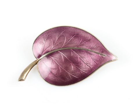 A Norwegian purple enamel leaf brooch by Askel Holmsen, stamped Norway Sterling 925S with makers mark, length approx. 6.5cm.