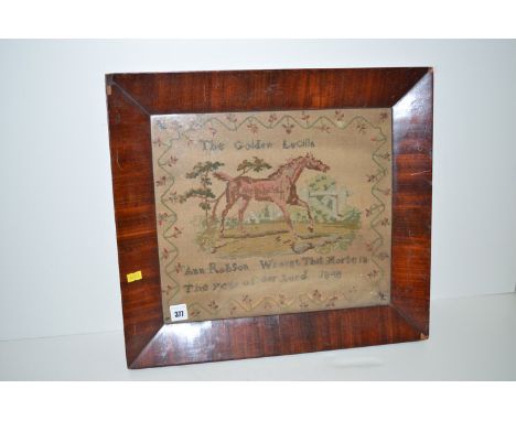 A mid 19th Century needlework sampler, "The Golden Lucilla", horse portrait, stylized floral border, with insect to corners, 