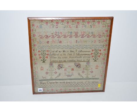 An early 19th Century needlework sampler, alphabet, numbers and religious verse, surrounded by bird, flower and insect motifs