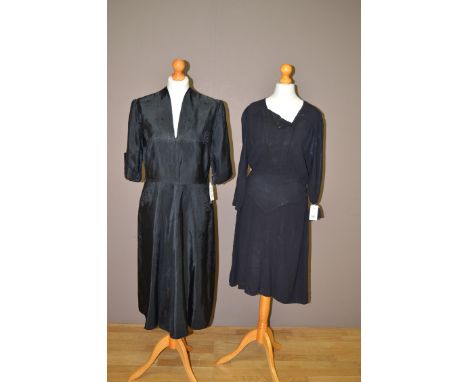 1930's and later black evening wear, to include: three dresses and a swing coat, with pink lining.  (4).