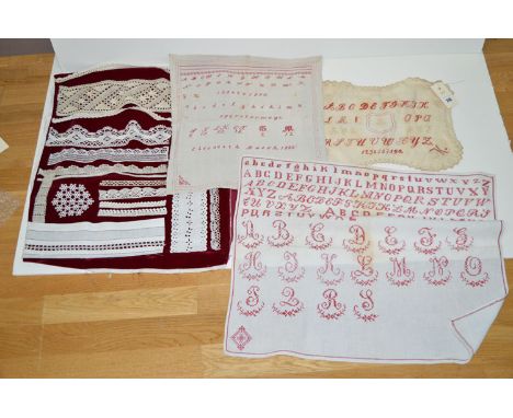 Three 19th Century German samplers, one worked by Elizabeth Busch, dated 1882, alphabetic verse; together with a lace sampler