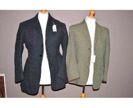 A gent's black wool hunting jacket; a Harry Hall pale brown wool hunting jacket; together with a gaberdine jacket with suede 