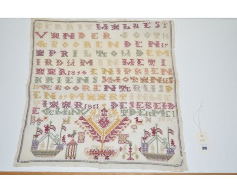 A 19th Century Dutch marriage sampler (Marklap), with alphabet above ship and animal motifs, relating to Gerrti Halbo van der