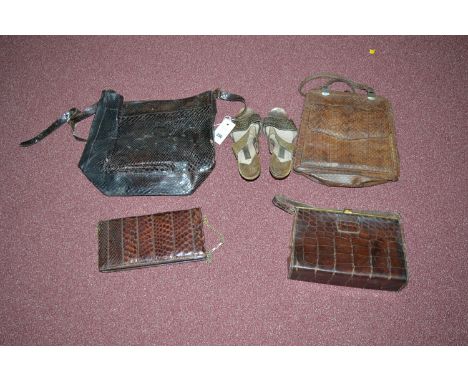 Vintage crocodile and snakeskin handbags of various designs; together with a pair of Manolo Blahnik crocodile leather shoes. 