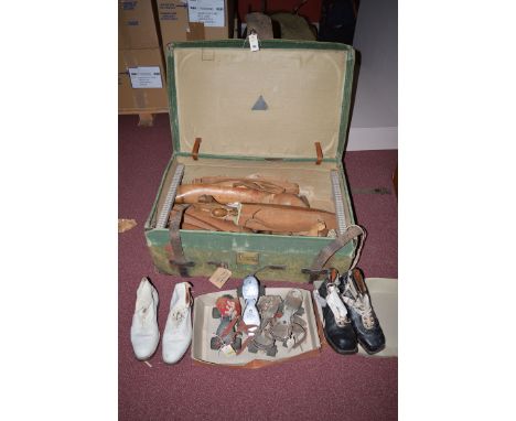 A quantity of wooden boot-horns, by Peal & Co., London; a pair of gents white suede hobnail ankle boots; a pair of black and 